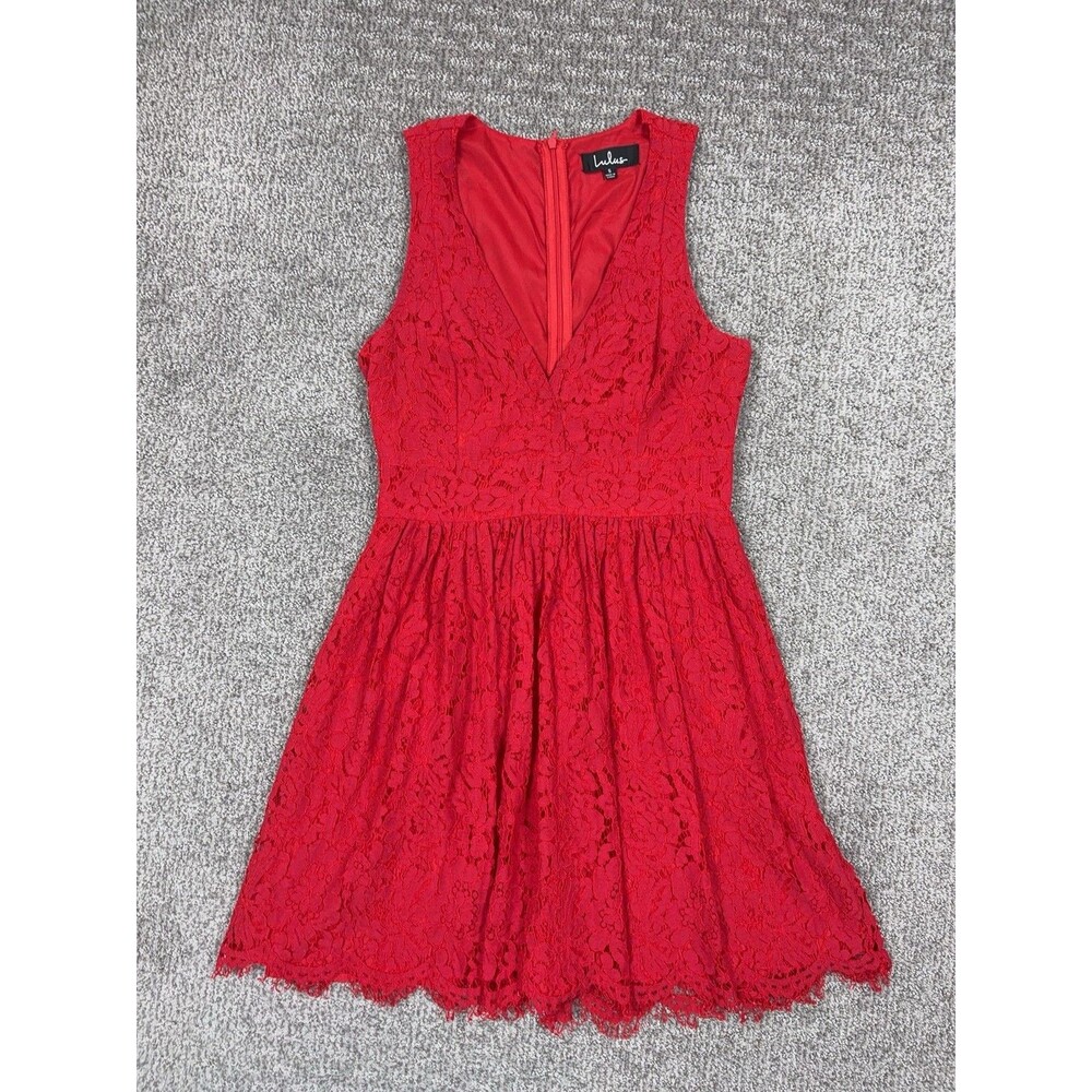 Lulus Dress Womens Small Red Lace Fit Flare Mini V Neck Party Cocktail Wedding